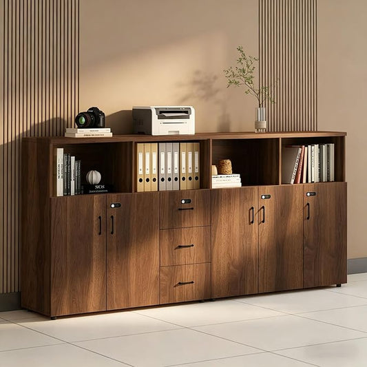 File Cabinet with Password Lock, Wood Lateral Filing Cabinet for Letter/A4 Files, 3 Drawer with Door, Printer Stand with Open Shelves for Home Office