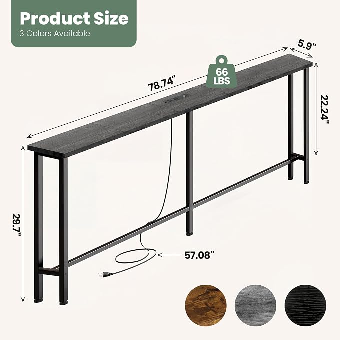 GRLEAF 78" Sofa Table with Built-in Power Strip (2 AC Outlets & 2 USB Ports) – 4.9ft Power Cord, Metal Frame, Easy Assembly, Long Couch Table Behind Sofa, Living Room and Home Office | Charcoal Gray