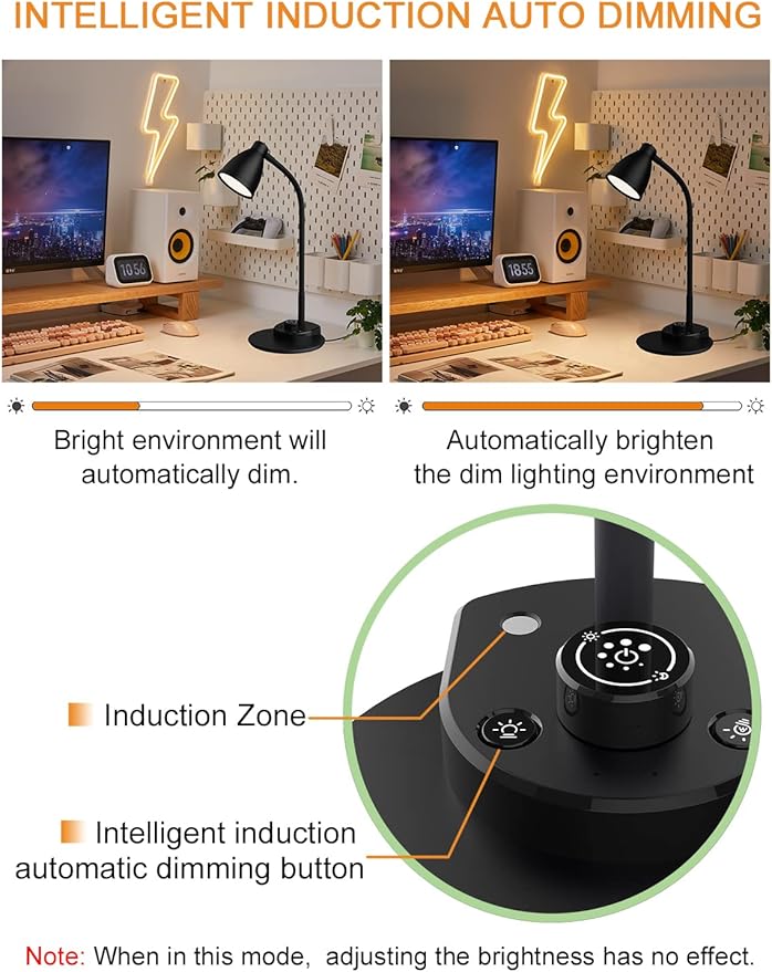 BOHON LED Desk Lamp with USB Charging Port 3 Color Modes Dimmable, Black | Reading Light Intelligent Induction Auto Dimming Task Lamp Neck Flexible Table Lamp for Bedside Office, AC Adapter Include