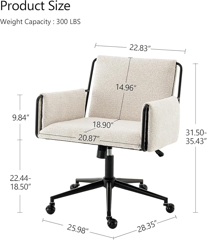 Rowill Modern Office Chair, Beige Boucle Fabric, Adjustable Height, 300 LBS Capacity, Wheels, Arm Rest, Perfect for Home Office, Bedroom, Makeup Room