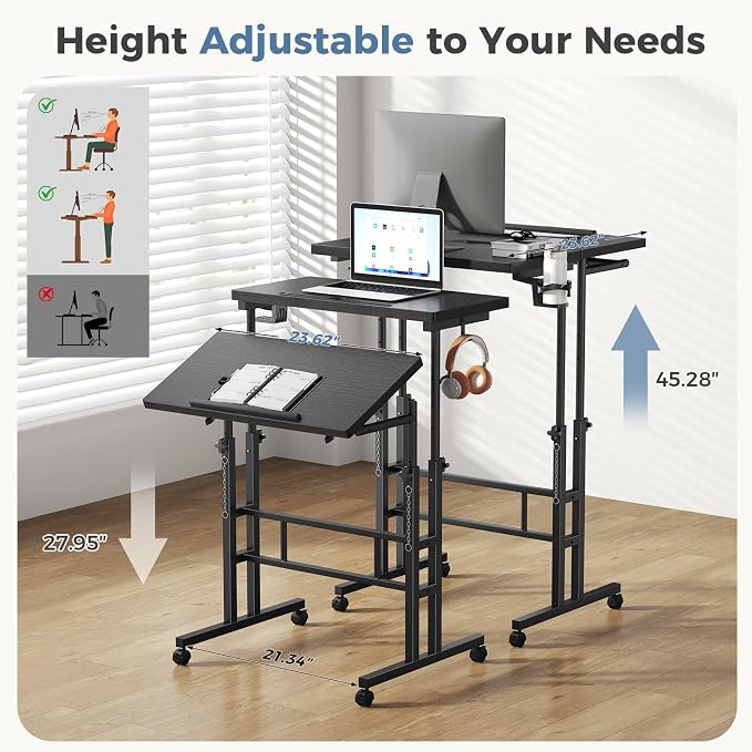 DUMOS Split Top Rolling Standing Desk 23.6 Inch Mobile Laptop Workstation Manual Height Adjustable Sit Stand Office Table Walking Pad Study Surface Portable Home Office Computer Cart Black