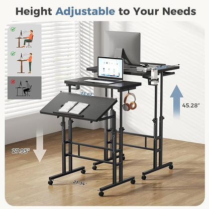 DUMOS Split Top Rolling Standing Desk 23.6 Inch Mobile Laptop Workstation Manual Height Adjustable Sit Stand Office Table Walking Pad Study Surface Portable Home Office Computer Cart Black