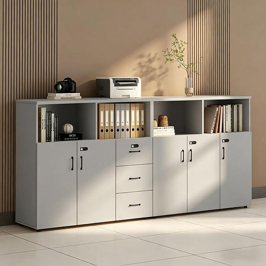 File Cabinet with Password Lock, Wood Lateral Filing Cabinet for Letter/A4 Files, 3 Drawer with Door, Printer Stand with Open Shelves for Home Office