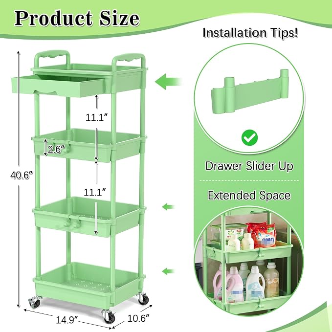 SUNALLY 4 Tier Rolling Utility Cart with Drawer, Storage Organizer Cart with 2 Lockable Wheels, Multifunctional Rolling Storage Cart for Bathroom, Kitchen, Craft, Makeup, Baby Essentials, Green