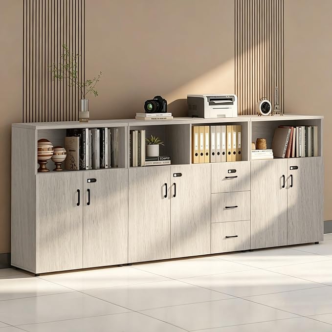 File Cabinet with Password Lock, Wood Lateral Filing Cabinet for Letter/A4 Files, 3 Drawer with Door, Printer Stand with Open Shelves for Home Office