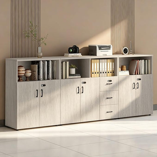 File Cabinet with Password Lock, Wood Lateral Filing Cabinet for Letter/A4 Files, 3 Drawer with Door, Printer Stand with Open Shelves for Home Office