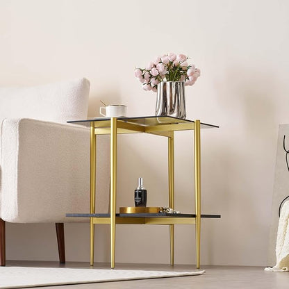 LumFurn Glass End Table, Mid-Century Modern Design Sofa Table, for Living Room, L18 x W18 x H23 in, Grey Glass Top and Black Marble Finish Wood Shelf, Sleek Conical Metal Legs with Gold Finish Frame