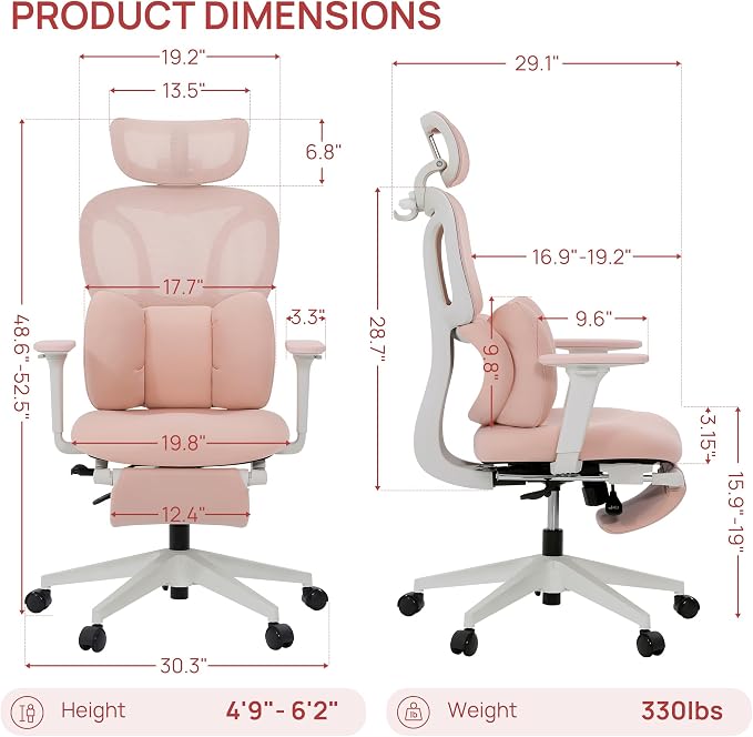 CabLady S1 High Back Ergonomic Mesh Office Chair with Footrest, 300 lbs | 115° Recline Lock, Adjust Seat Depth, 2D Arms, 3D Headrest, Detachable Lumbar Support, Breathable Mesh, BIFMA, Pink