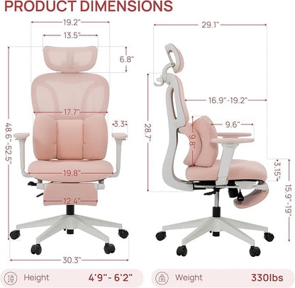 CabLady S1 High Back Ergonomic Mesh Office Chair with Footrest, 300 lbs | 115° Recline Lock, Adjust Seat Depth, 2D Arms, 3D Headrest, Detachable Lumbar Support, Breathable Mesh, BIFMA, Pink