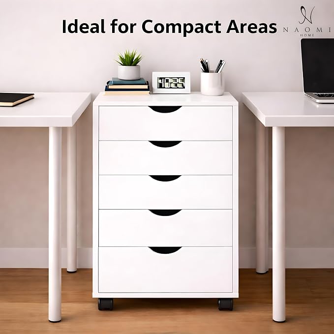 Naomi Home Under Desk Office File Cabinet with 5 Drawers, Rolling Storage Organizer with Lockable Wheels, Handle-Free Design & Spacious Top Surface, Compatible Cabinet for Home Office - White