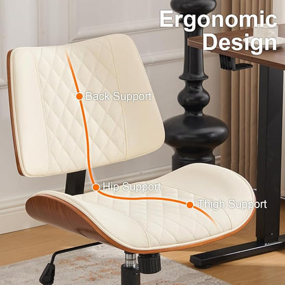 Armless Office Chair with Wheels, Ergonomic Leather Chair, Mid Back 360 Swivel Computer Chair, Modern Walnut Desk Chair for Small Space, Reading, Meeting Room, Beige