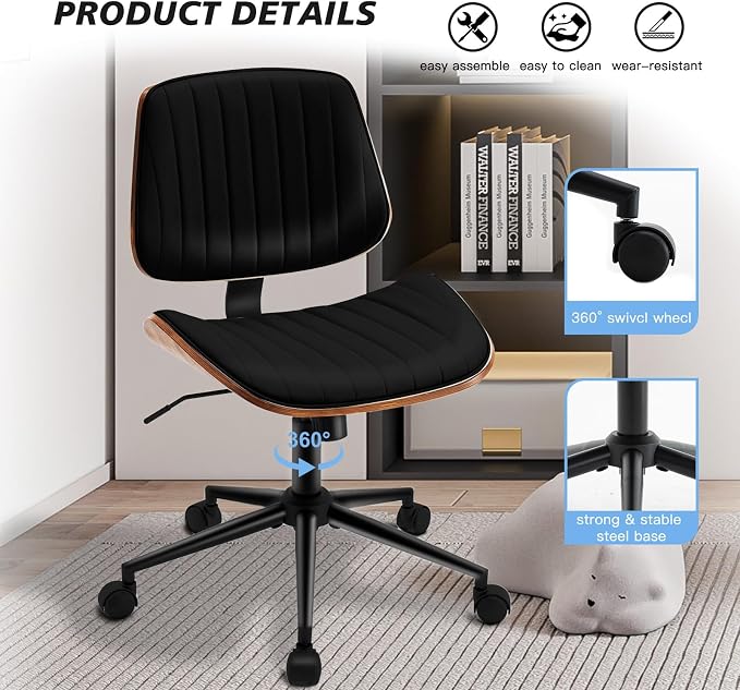 Armless Desk Chair with 360°Swivel Wheels, Ergonomic Adjustable Height Computer Chair for Home Office,PU Leather with Modern Walnut Drafting Chairs for Office, Reading Nook(Black)