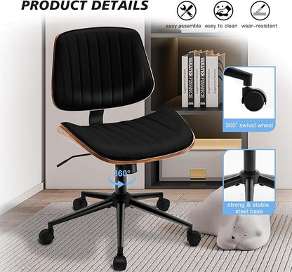 Armless Desk Chair with 360°Swivel Wheels, Ergonomic Adjustable Height Computer Chair for Home Office,PU Leather with Modern Walnut Drafting Chairs for Office, Reading Nook(Black)