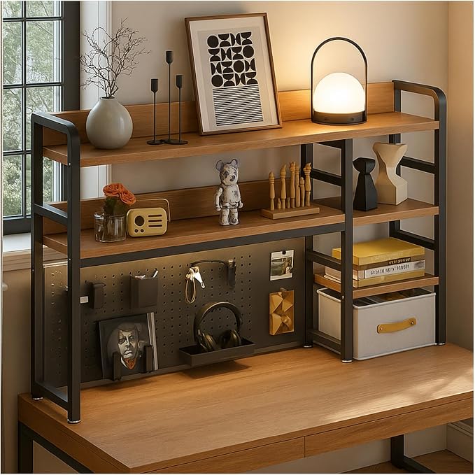 Desktop Bookshelf, pegboard Storage and Organization Rack, Dorm Desk Shelf, Desk Hutch, Desktop Storage for Office, Study, Student Display Rack,Desktop Shelves (Black+Walnut 53.1" Lx9.9 Wx37 H)