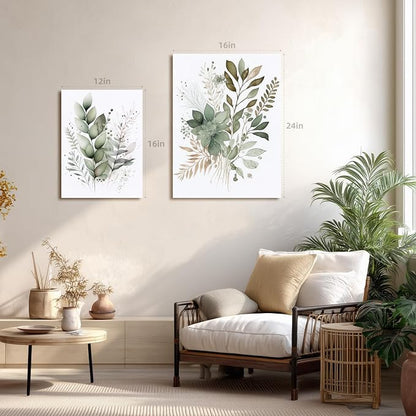 LLEEMPI Framed Sage Green Wall Art Set of 3, Modern Watercolor Botanical Wall Decor, Eucalyptus Leaf Canvas Painting, Classic Minimalist Florals Poster Print for Bedroom Bathroom Office 16x24 Inch
