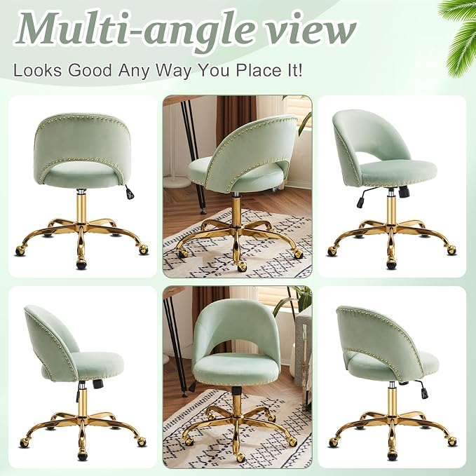 VINGLI Modern Velvet Small Office Chair,Cute Desk Chair with Wheels,Gold Base/Studs, Comfy Armless Swivel Vanity Task Chair for Women/Girl/Kids, Nail Tech Chair for Bedroom,Small Space,Mint Green