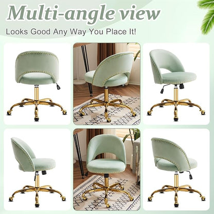 VINGLI Modern Velvet Small Office Chair,Cute Desk Chair with Wheels,Gold Base/Studs, Comfy Armless Swivel Vanity Task Chair for Women/Girl/Kids, Nail Tech Chair for Bedroom,Small Space,Mint Green