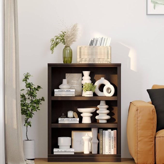 blini Wooden Bookshelf and Bookcase Set of 2, Cherry Wood Double Wide Large Bookshelves 3 Tier Bookshelf with Storage Cabinets for Living Room, Home Office, Library (Cherry Wood, 3-Shelf)