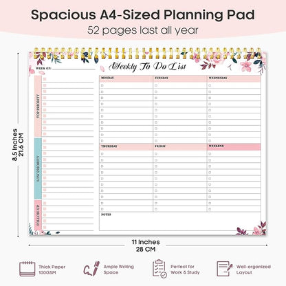 Taja Weekly To Do List Notepad with 52 Undated Sheets（8.5"×11"）- Weekly Desk Planner for Women & Man, Work and Home - 1 Pack Whispering Petal