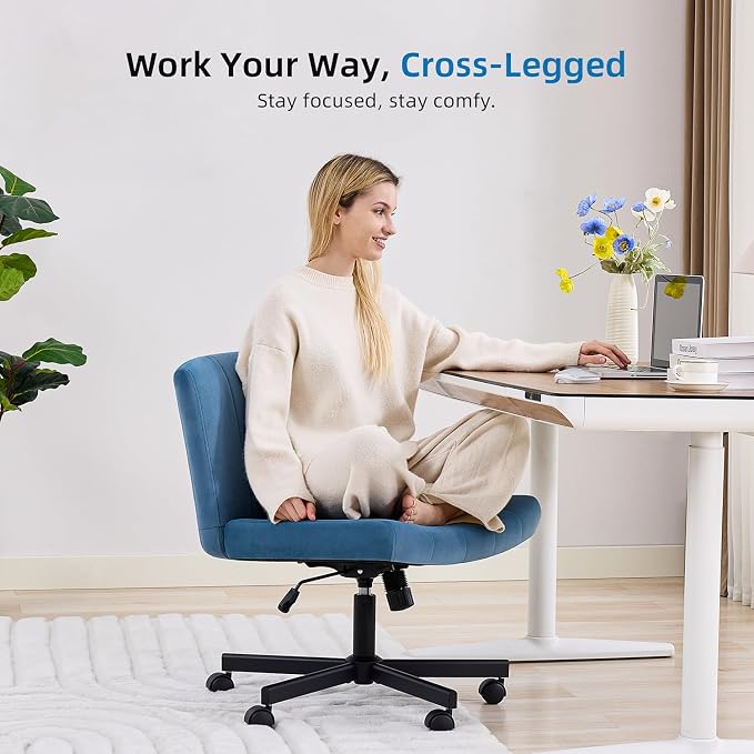 amseatec Criss Cross Chair, Wide Cross Legged Desk Chair with Wheels, Comfy Fabric Vanity Chair for Home Office, Adjustable Armless Swivel Task Chair with 90–115°Tilt（300Lbs/Navy）