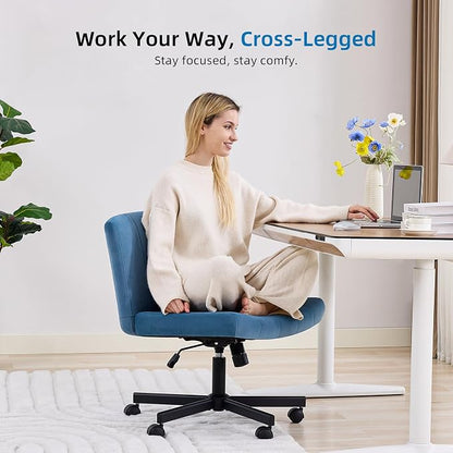 amseatec Criss Cross Chair, Wide Cross Legged Desk Chair with Wheels, Comfy Fabric Vanity Chair for Home Office, Adjustable Armless Swivel Task Chair with 90–115°Tilt（300Lbs/Navy）