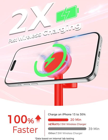 Hevanto 2026 3 in 1 Wireless Charging Station for Apple MagSafe Charger, 15W Fast Magnetic Mag-Safe Charger Stand for iPhone 17 16 15 14 13 12 Apple Watch AirPods Compatible with MagSafe, DeepRed