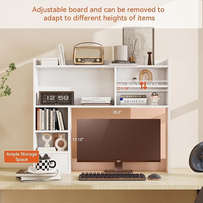 ELECWISH Desktop Bookshelf, Desk Hutch with Drawer for Computer Desk, 35.04" 6-Tier Adjustable Desktop Shelf Organizer for Home Office, White