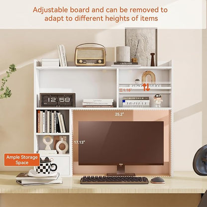ELECWISH Desktop Bookshelf, Desk Hutch with Drawer for Computer Desk, 35.04" 6-Tier Adjustable Desktop Shelf Organizer for Home Office, White