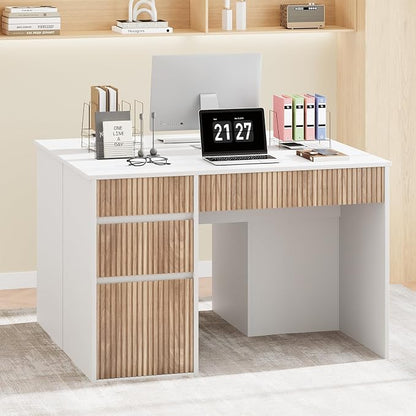 4 EVER WINNER White Desk with Drawers, 48 Inch Small Computer Desk with Storage for Small Spaces, Wood Home Office Desk for Study, Living Room, Bedroom, White