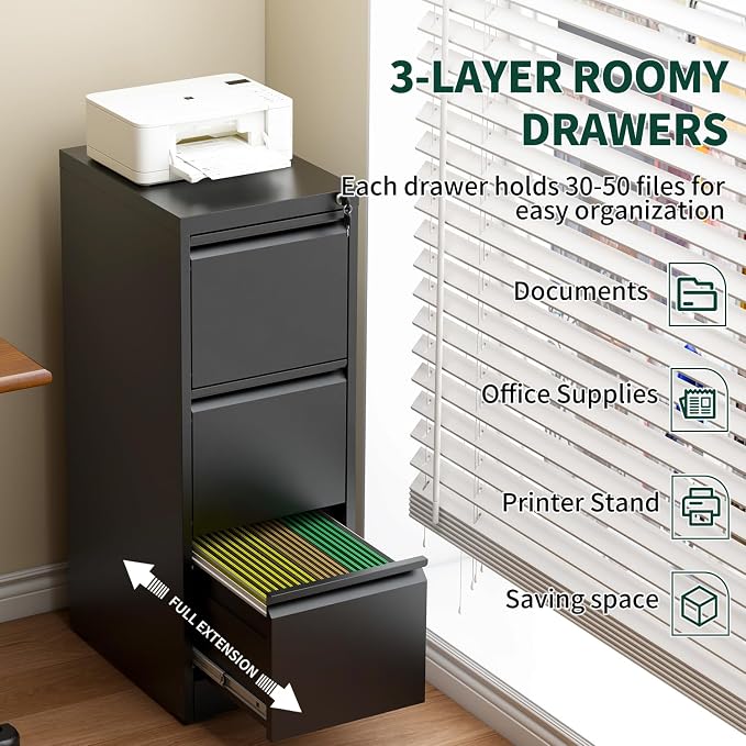 3 Drawer File Cabinet with Lock, Vertical File Cabinet with Lock, Locking File Cabinet Hanging Files for A4/ Legal/Letter, Require Assembly, Black