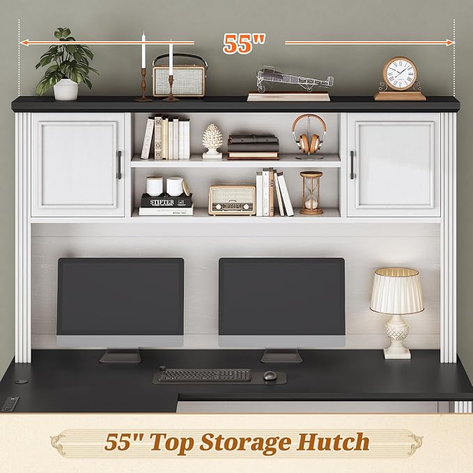 SEDETA Farmhouse L Shaped Desk with Hutch and 3 Drawers, 68.9" Executive Office Desk with File Drawer and Power Outlet, Corner Computer Desk with Storage Shelves for Home Office, White