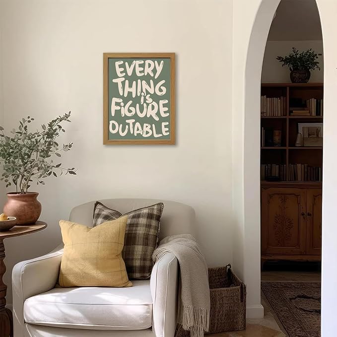 CXQILVER Everything is Figureoutable Framed Wall Art, Inspirational Positive Affirmation Canvas Wall Decor, Trendy Sage Green Motivational Quote Poster prints for Office Bedroom Classroom Dorm 12x16in
