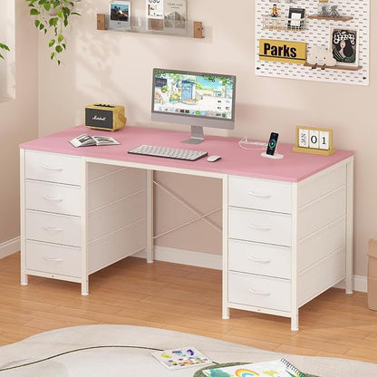 YOMILUVE 50 Inch Computer Desk with 8 Drawers, Home Office Desk with Power Outlets, Work Study Gaming Desk with 8 Fabric Drawers, Pink