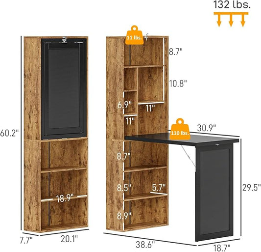 Foldable Wall Mounted Desk with Storage Shelves & Blackboard, Fold-Out Convertible Writing Table for Small Spaces | Space-Saving Floating Computer Desk for Home Office (Brown)