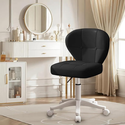 Small Office Chair with Lumbar Support, PU Leather Armless Swivel Desk Chair Adjustable Height, Compact Rolling Chair for Home Office, Bedroom, Study (Black)