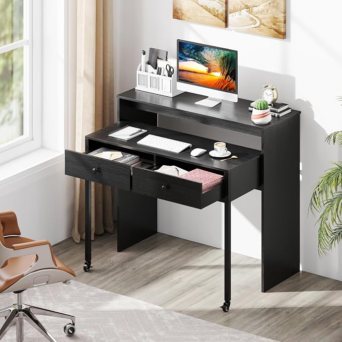 Giantex Small Computer Desk with Hutch & Drawers, Extendable Writing Desk w/Pull Out Secondary Table, Monitor Stand & Rolling Wheels, Console Table, Compact Desk for Small Spaces, Home Office (Black)