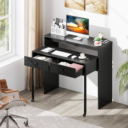 Giantex Small Computer Desk with Hutch & Drawers, Extendable Writing Desk w/Pull Out Secondary Table, Monitor Stand & Rolling Wheels, Console Table, Compact Desk for Small Spaces, Home Office (Black)
