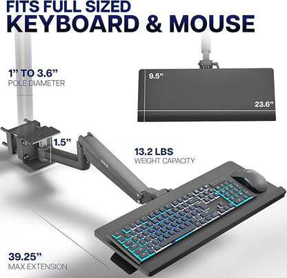 VIVO Sit-Stand 24 Inch Pneumatic Universal Pole Mounted Keyboard and Mouse Tray, Full Motion, Height Adjustable Typing Platform, Ergonomic Tilt, Black, MOUNT-KB35C-P