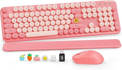 Wireless Keyboard and Mouse Combo, Cute Full-Size Retro Typewriter Keyboard with Round Keycaps, Magnetic Wrist Rest, Tilt Legs, 2.4GHz Cordless for Mac, Windows PC, Laptop, SABLUTE CK23, Baby Pink