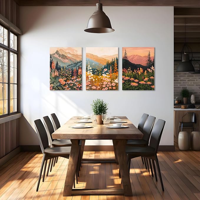 Boho Colorful Watercolor Mountain Canvas Wall Art Set of 3, Wildflower Posters Wall Decor, Abstract Nature Landscape Artwork Paintings Picture Print for Living Room Bedroom Office 12x16 Inch Framed
