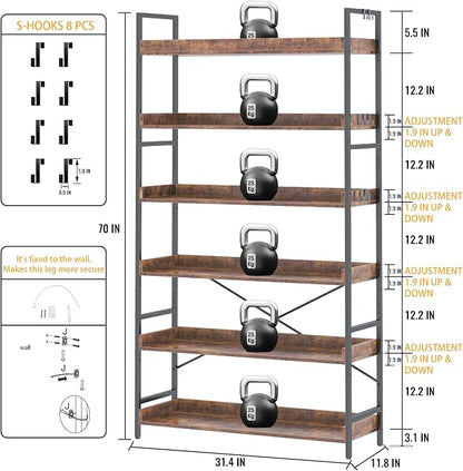 HCHQHS Bookshelf, Adjustable Industrial Bookcase, Vertical Tall Book Shelf, Wood and Black Metal Open Bookshelves for Home Office, Living Room, Bedroom (Rustic Brown, 6-Tier (31" W x 70" H))