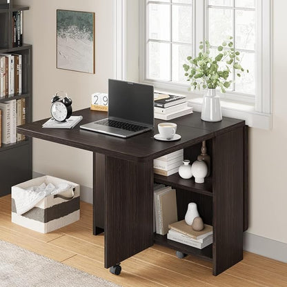 IDEALHOUSE FoldingTable, Drop Leaf Dining Table with 6 Wheels and 2-Layer Storage Shelf, Space Saving Table for Small Spaces (Dark Walnut, 50.1" D x 31.4" W x 29.5" H)