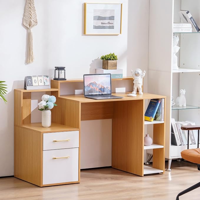 ivinta Computer Desk with Storage Shelves and Drawers, 52" Office Desk with Hutch and Storage Shelf, Modern Writing Desk Study Table for Small Spaces, Bedroom, Home Office 7116 (Oak White)