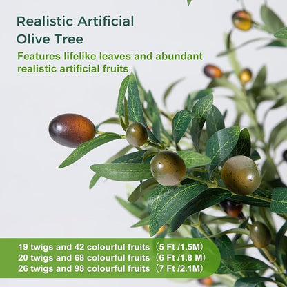 Olive Trees Artificial Indoor, 5FT Tall Faux Olive Tree with Moss and Planter, Artificial Plants Indoor with Natural Wood Trunk and Lifelike Fruits, Fake Tree for Home Office Living Room Decor