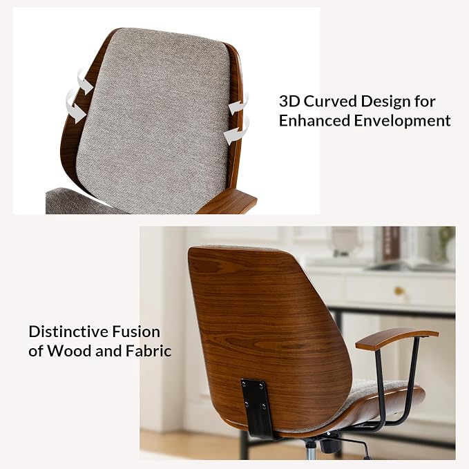 Modern Ergonomic Office Chair with Wood Frame & Metal Base, Swivel Home Office Desk Chairs with Adjustable Height, Comfy Upholstered Computer Chair, Tan