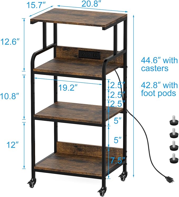 Rustic Brown 4 Tier Adjustable Mobile Printer Stand Rolling Cart | Tall space saving design for small home office holds scanner cricut heat press fax machine and various desktop equipment