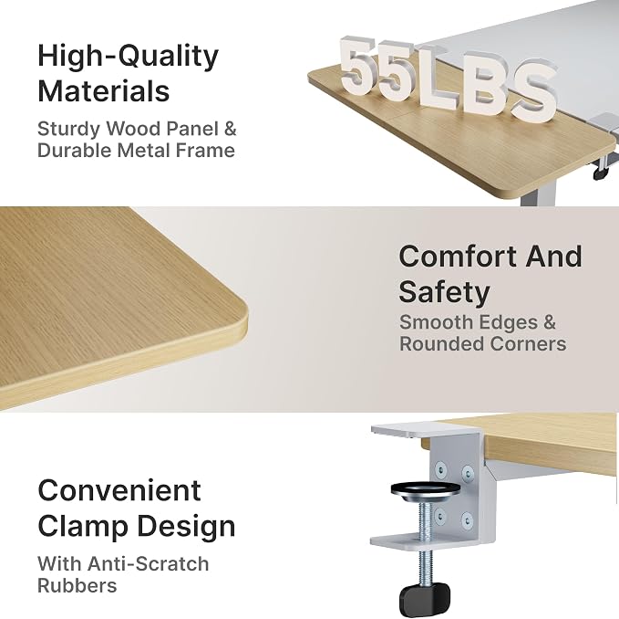 PEGZONE Desk Extender Tray, 28" x 12", with Laptop Holder, Large, Wood | Desk Extension, Clamp on Desk Shelf, Clamp On Keyboard Tray for Office and Home, Workstation Organizer