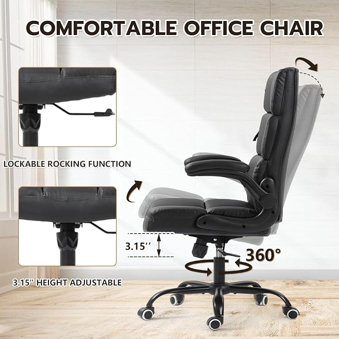 ECOTOUGE Executive Office Chair, PU Leather Ergonomic Comfy Desk Chair, High Back Computer Chair with Adjustable Tilt Angle and Flip-up Arms (Without Footrest Black)