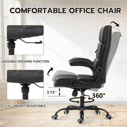 ECOTOUGE Executive Office Chair, PU Leather Ergonomic Comfy Desk Chair, High Back Computer Chair with Adjustable Tilt Angle and Flip-up Arms (Without Footrest Black)