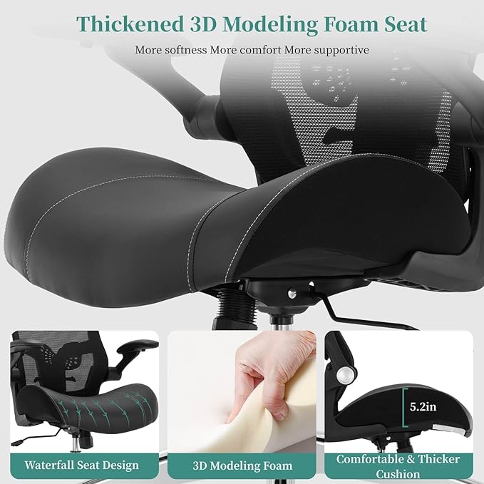 Big and Tall Office Chair 400lbs, Heavy Duty Computer Desk Chair with Wide 3D Modeling Foam Seat, Ergonomic Executive Office Chair for Heavy People with Adjustable Lumbar Support Armrests Metal Base